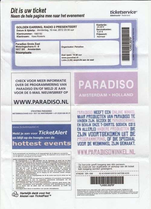 Golden Earring show case ticket May 10, 2012 Amsterdam - Paradiso